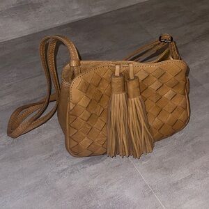 Elegant Tan Woven Genuine Leather Shoulder Bag with tassels